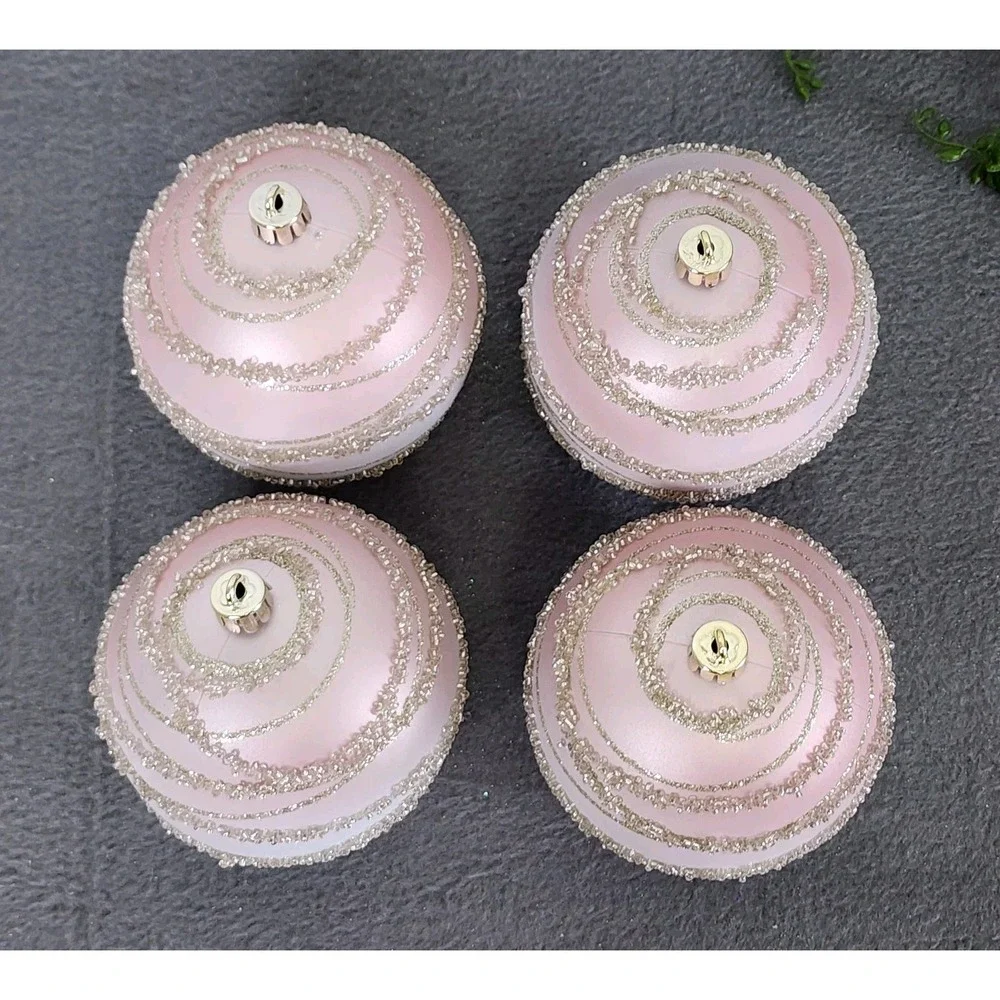 4 Pink Gold Beaded Christmas Round‎ Ball Ornaments Ombre Rose Gold Plastic 4